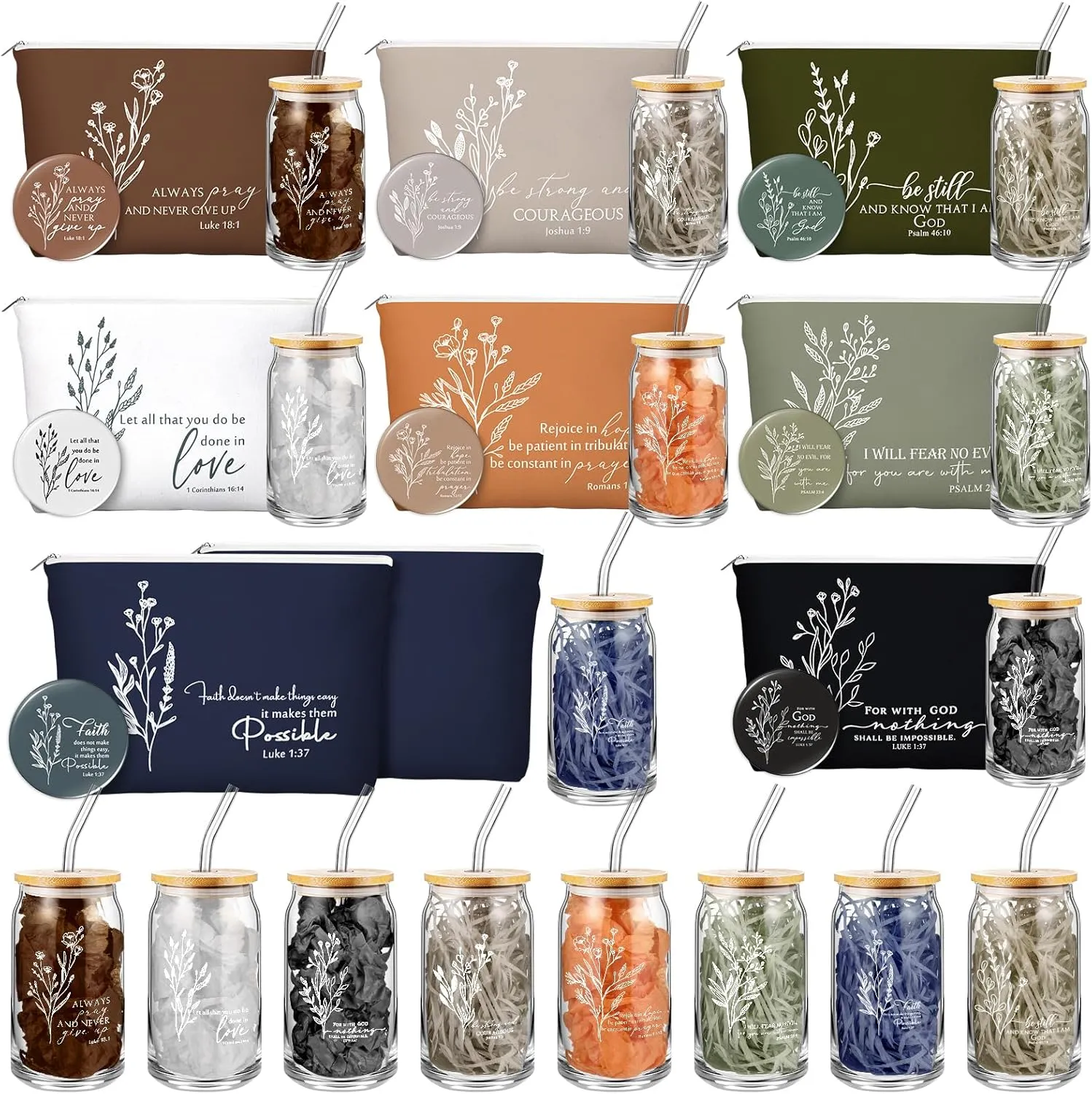 Fumete Christian Gift for Women Teacher School Graduation Flower Makeup Cosmetic Bag Bible Verse Glass Coffee Cup with Bamboo Lid Straw Mini Compact Mirror Religious Scripture Church(Bible-c,8 Sets)