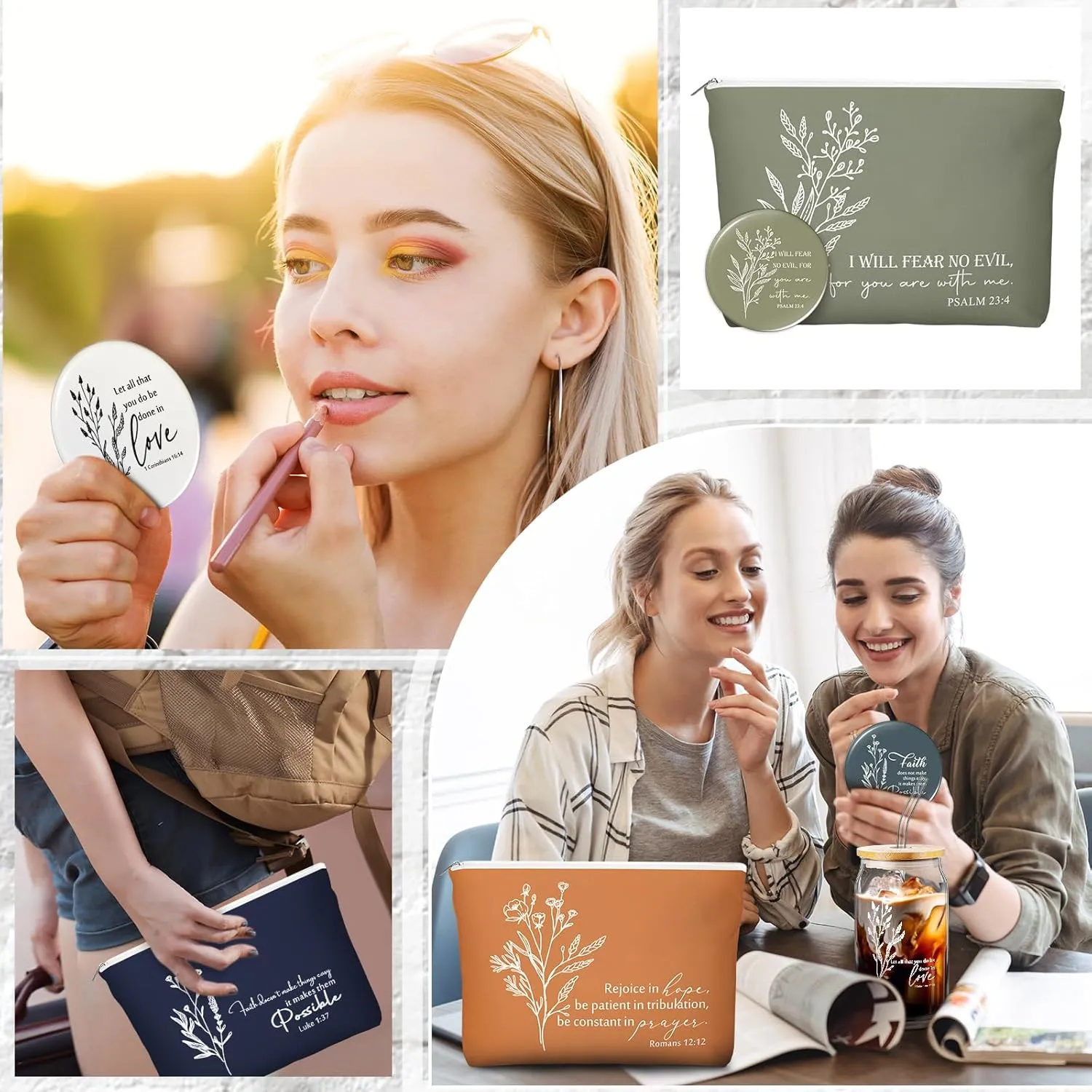 Fumete Christian Gift for Women Teacher School Graduation Flower Makeup Cosmetic Bag Bible Verse Glass Coffee Cup with Bamboo Lid Straw Mini Compact Mirror Religious Scripture Church(Bible-c,8 Sets)