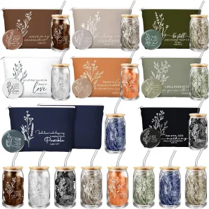 Fumete Christian Gift for Women Teacher School Graduation Flower Makeup Cosmetic Bag Bible Verse Glass Coffee Cup with Bamboo Lid Straw Mini Compact Mirror Religious Scripture Church(Bible-c,8 Sets)
