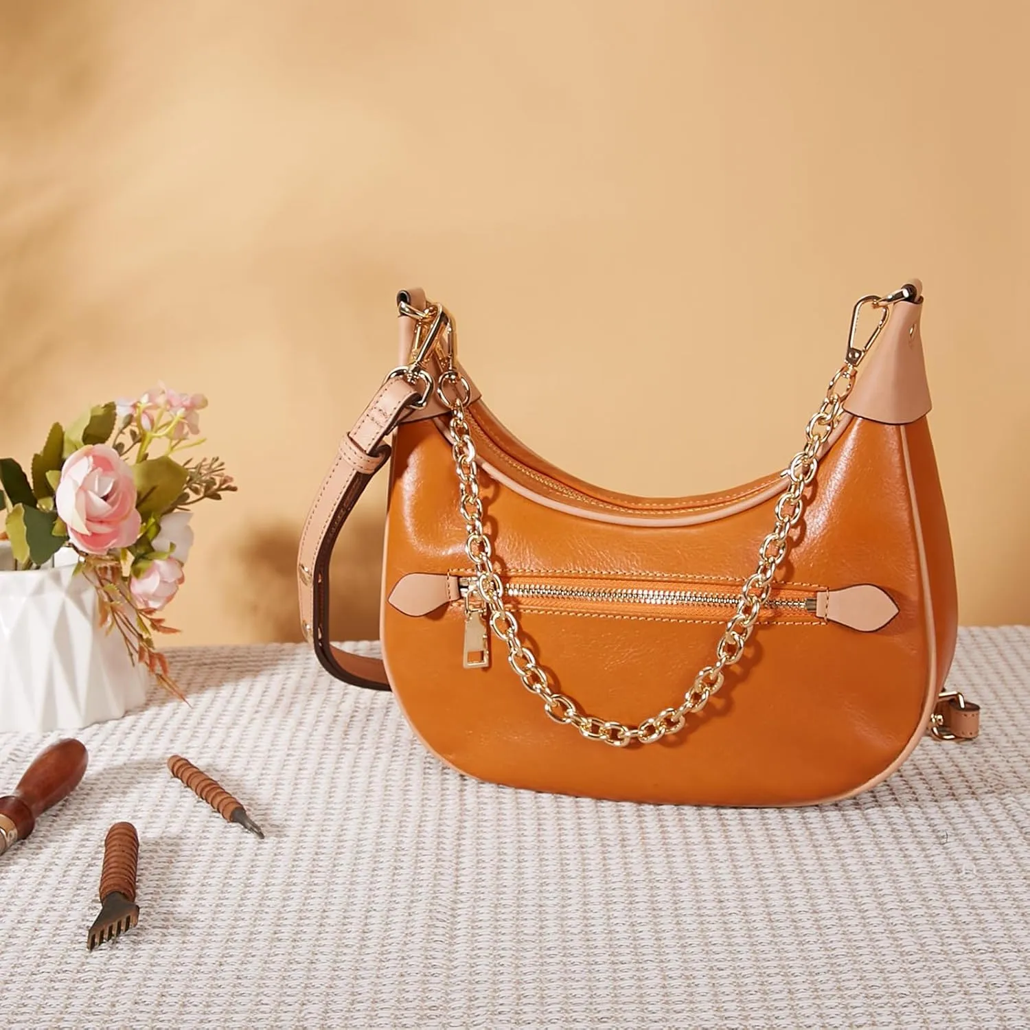 Genuine Leather Crossbody Bags for Women: Small Crescent Shoulder Bag - Trendy Hobo Purse
