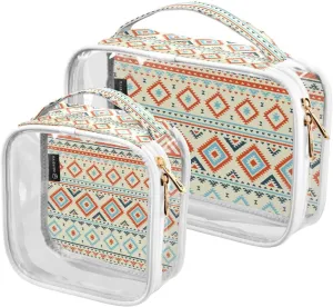 Geometric Aztek Tribal Theme 2 Pieces Clear Makeup Cosmetic Bags for Traveling Vacation Organizing, Toiletry Bags for Women Men, PVC Waterproof Travel Organizer
