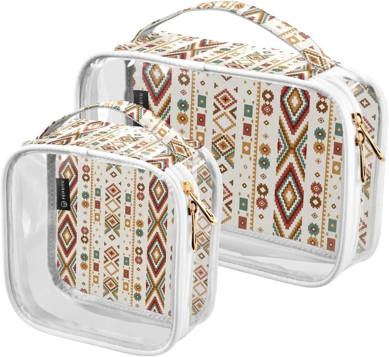 Geometric Patterns Yellow 2 Pieces Clear Makeup Cosmetic Bags for Traveling Vacation Organizing, Toiletry Bags for Women Men, PVC Waterproof Travel Organizer