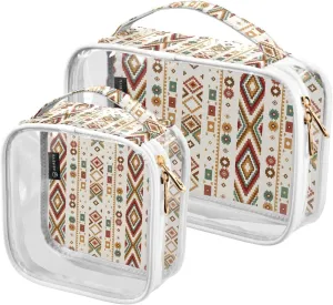 Geometric Patterns Yellow 2 Pieces Clear Makeup Cosmetic Bags for Traveling Vacation Organizing, Toiletry Bags for Women Men, PVC Waterproof Travel Organizer