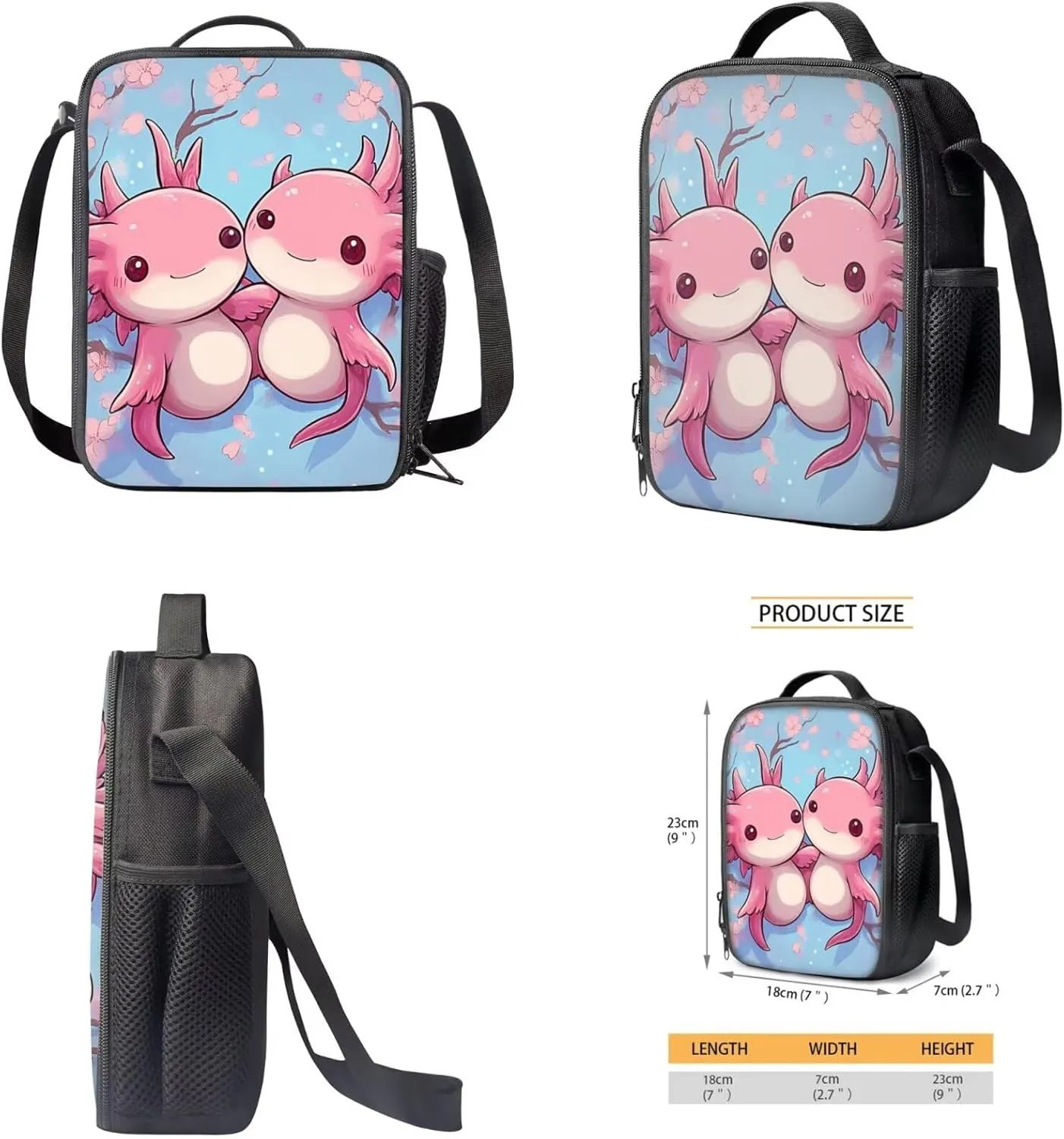 Girls Axolotl Backpack Set Lightweight Ergonomic Spacious School Bag Elementary Bookbag and Insulated Lunch Box Water Bottle Holder for Ages 6-8