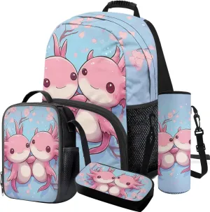 Girls Axolotl Backpack Set Lightweight Ergonomic Spacious School Bag Elementary Bookbag and Insulated Lunch Box Water Bottle Holder for Ages 6-8