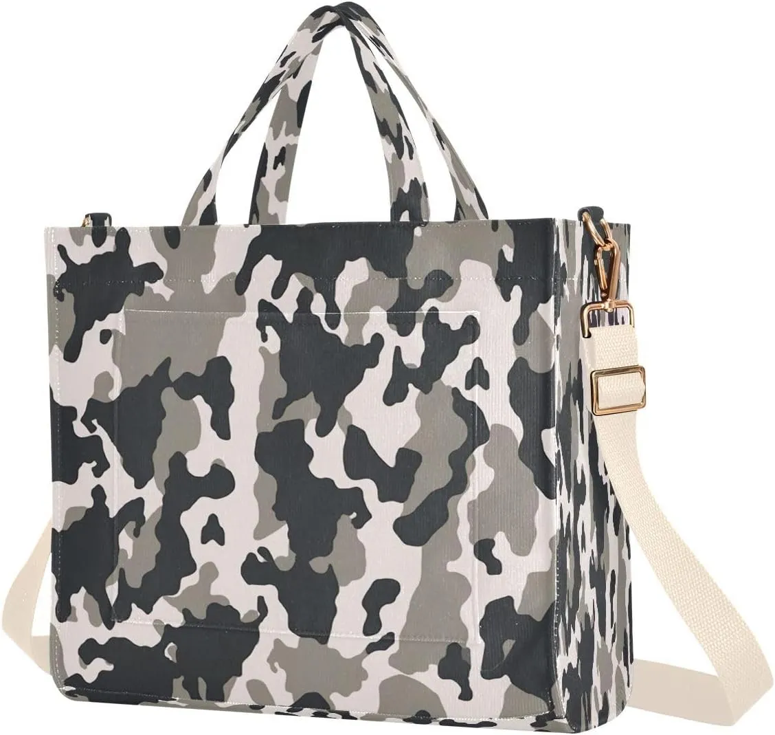 Gray Camouflage Corduroy Tote Bag for Women Hobo Crossbody Bag Purse Stylish Shoulder Handbag Messenger Bags, S