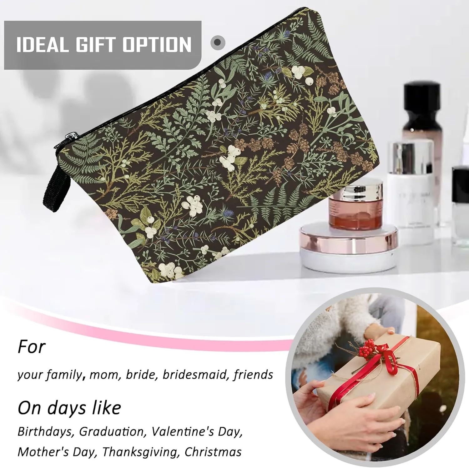 Green Floral Makeup Cosmetic Bag Pouch Organizer Zipper Aesthetic Small Compact Cute Black Travel Mini Portable Beauty Toiletry Make Up Storage Purse Women Teen Girl Personalized Waterproof
