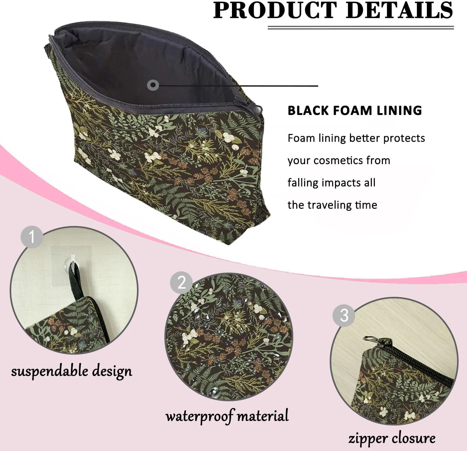 Green Floral Makeup Cosmetic Bag Pouch Organizer Zipper Aesthetic Small Compact Cute Black Travel Mini Portable Beauty Toiletry Make Up Storage Purse Women Teen Girl Personalized Waterproof