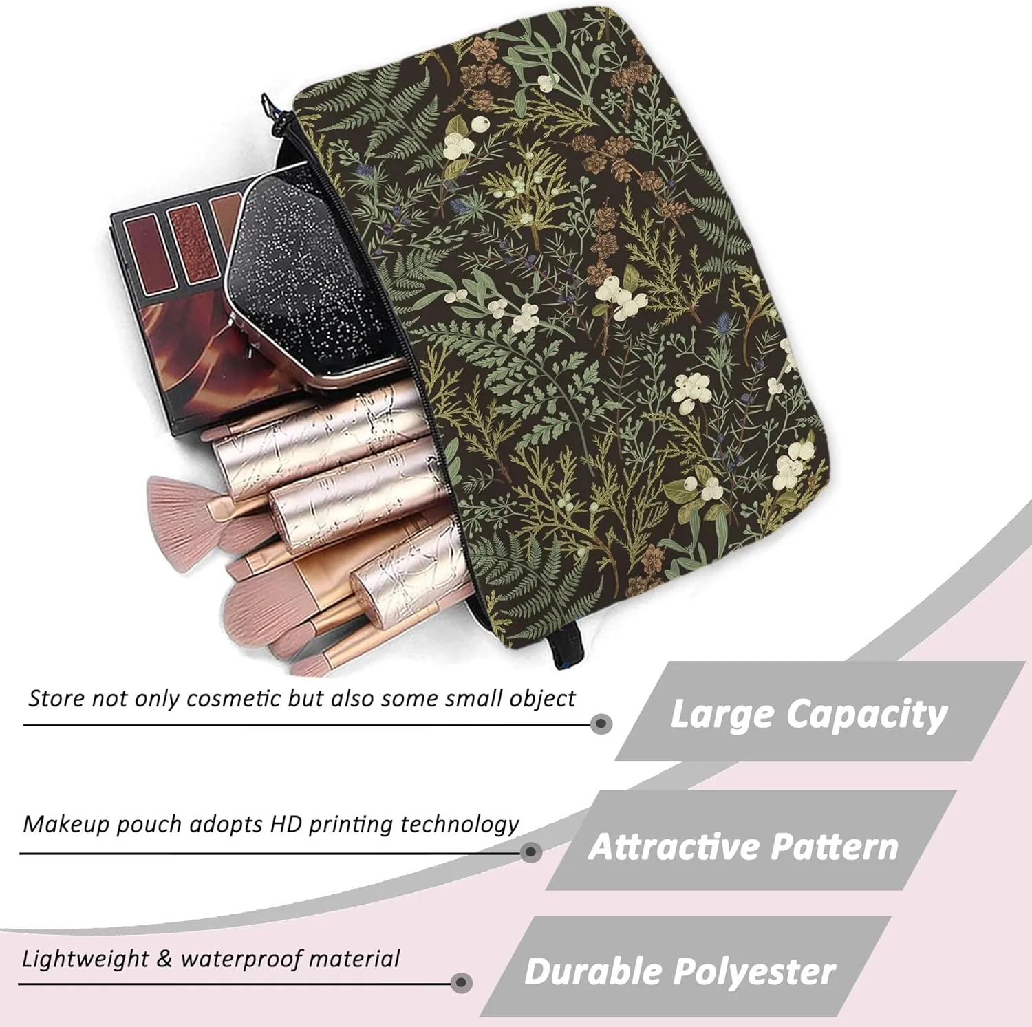 Green Floral Makeup Cosmetic Bag Pouch Organizer Zipper Aesthetic Small Compact Cute Black Travel Mini Portable Beauty Toiletry Make Up Storage Purse Women Teen Girl Personalized Waterproof