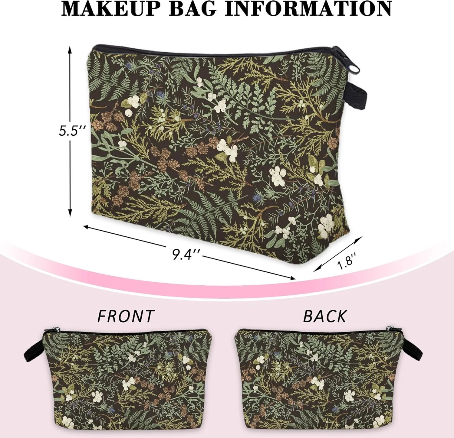 Green Floral Makeup Cosmetic Bag Pouch Organizer Zipper Aesthetic Small Compact Cute Black Travel Mini Portable Beauty Toiletry Make Up Storage Purse Women Teen Girl Personalized Waterproof