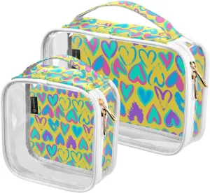 Grunge Heart Watercolor 2 Pieces Clear Makeup Cosmetic Bags for Traveling Vacation Organizing, Toiletry Bags for Women Men, PVC Waterproof Travel Organizer