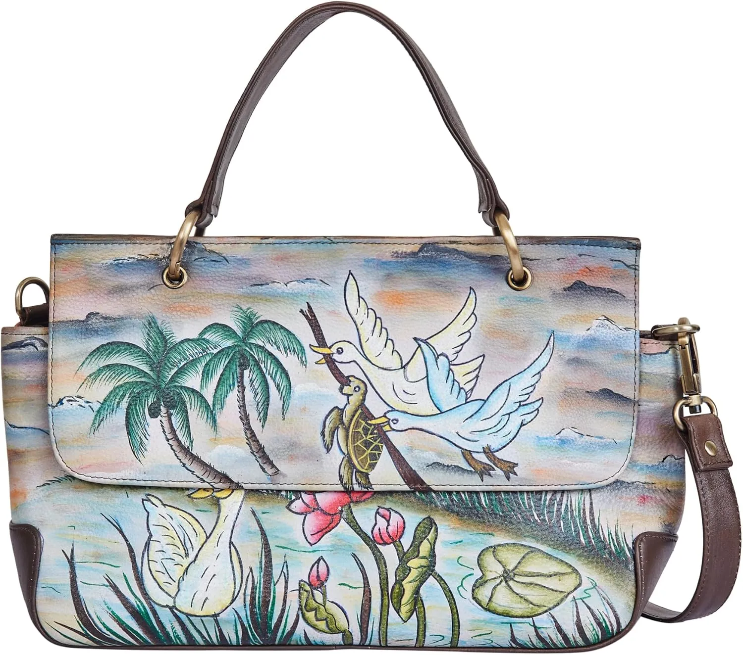 Hand-Painted Ladies' Satchel Bag  Elegant Flap Opening with Exquisite Swan & Turtle Artwork, Nature-Inspired Design, Stylish & Spacious Women's Handbag. 9" x 14.5" x 4.3"