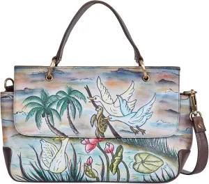 Hand-Painted Ladies' Satchel Bag  Elegant Flap Opening with Exquisite Swan & Turtle Artwork, Nature-Inspired Design, Stylish & Spacious Women's Handbag. 9" x 14.5" x 4.3"