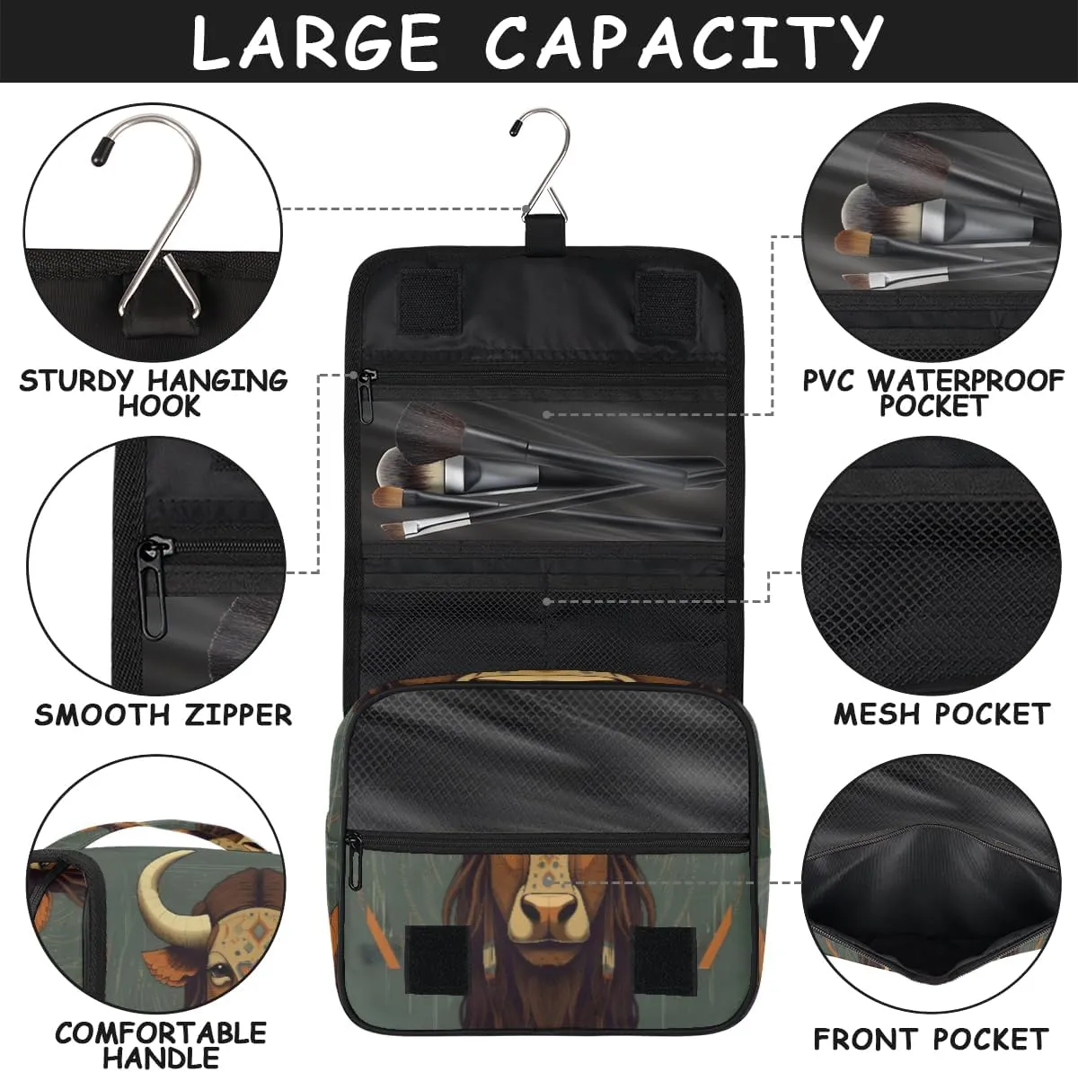 Hanging Toiletry Bag for Women & Men Small Travel Makeup Skincare Necessaire Organizer Kit Cosmetic Bags Waterproof Shower Pouch Expandable Compartments Africa Egypt Animal Cattle