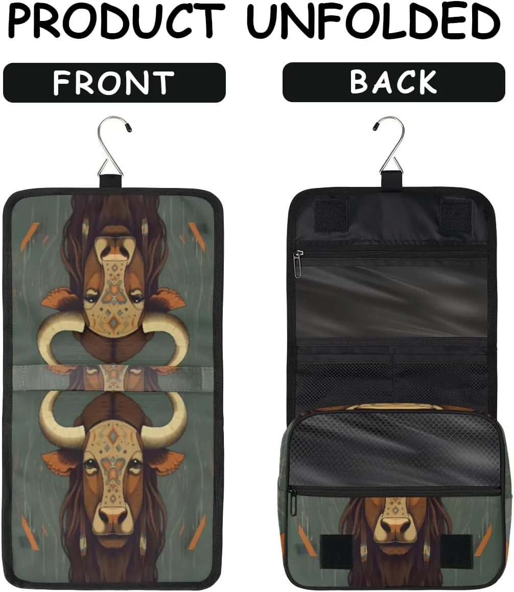 Hanging Toiletry Bag for Women & Men Small Travel Makeup Skincare Necessaire Organizer Kit Cosmetic Bags Waterproof Shower Pouch Expandable Compartments Africa Egypt Animal Cattle