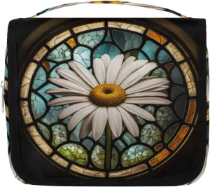 Hanging Toiletry Bag for Women & Men Small Travel Makeup Skincare Necessaire Organizer Kit Cosmetic Bags Waterproof Shower Pouch Expandable Compartments Beautiful Daisies Glass Painting