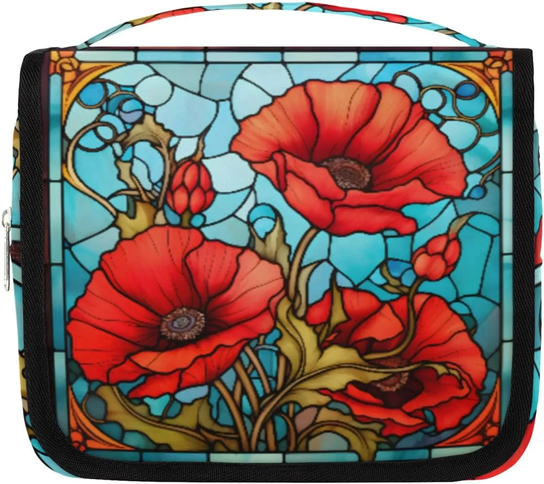 Hanging Toiletry Bag for Women & Men Small Travel Makeup Skincare Necessaire Organizer Kit Cosmetic Bags Waterproof Shower Pouch Expandable Compartments Flower Floral Glass Painted