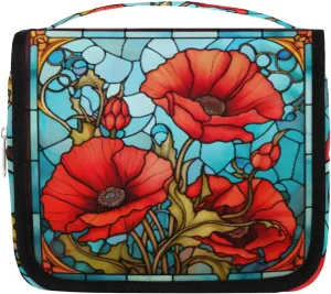 Hanging Toiletry Bag for Women & Men Small Travel Makeup Skincare Necessaire Organizer Kit Cosmetic Bags Waterproof Shower Pouch Expandable Compartments Flower Floral Glass Painted
