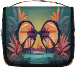 Hanging Toiletry Bag for Women & Men Small Travel Makeup Skincare Necessaire Organizer Kit Cosmetic Bags Waterproof Shower Pouch Expandable Compartments Sunglasses Leaves Sunset Print