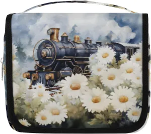 Hanging Toiletry Bag for Women & Men Small Travel Makeup Skincare Necessaire Organizer Kit Cosmetic Bags Waterproof Shower Pouch Expandable Compartments Train Daisy Watercolor