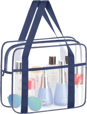 HAOGUAGUA Extra Large Clear Cosmetic Makeup Bag, Transparent PVC Tote Shoulder Bag Stadium Approved, Waterproof Clear Toiletry Carry Pouch Makeup Artist Bag Diaper Bag (Blue)