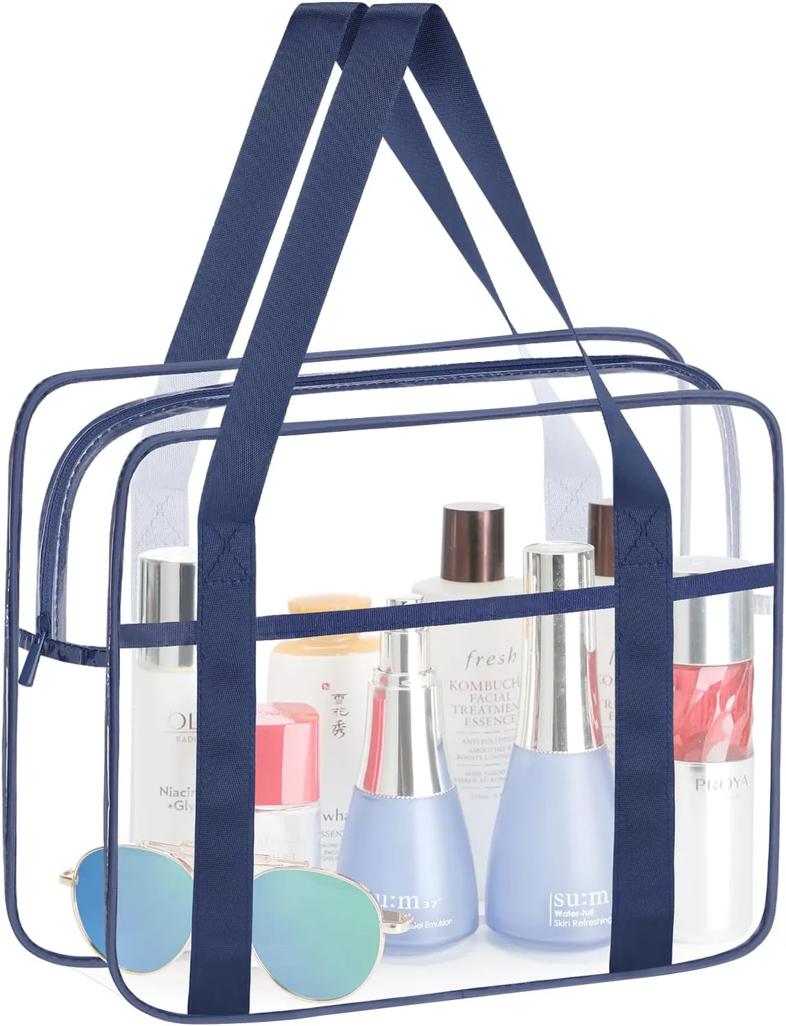 HAOGUAGUA Extra Large Clear Cosmetic Makeup Bag, Transparent PVC Tote Shoulder Bag Stadium Approved, Waterproof Clear Toiletry Carry Pouch Makeup Artist Bag Diaper Bag (Blue)
