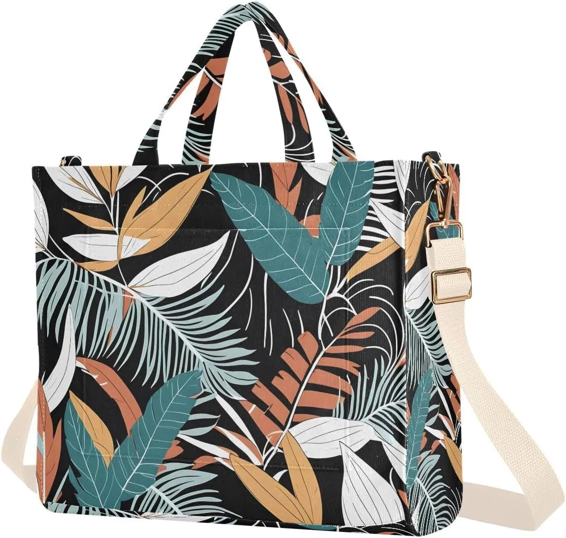 Hawaiian Palm Leaf Black Corduroy Tote Bag for Women Hobo Crossbody Bag Purse Stylish Shoulder Handbag Messenger Bags, S