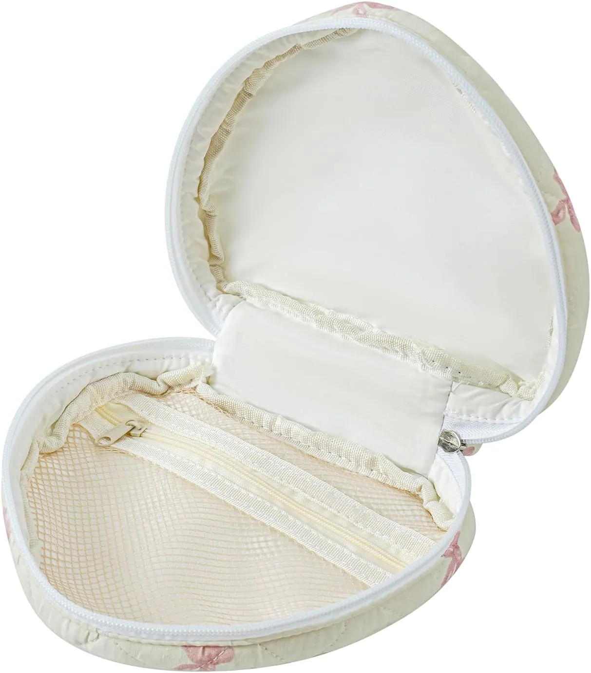 Heart Shaped Floral Cosmetic Bag Cotton Makeup Bag for Women, Travel Quilted Zipper Make Up Bag with Handle, Flowers Toiletry Organizer Case Makeup Cosmetic Travel Cloth Pouch (Pink Bow Tie)