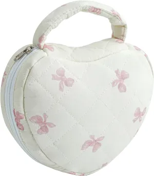 Heart Shaped Floral Cosmetic Bag Cotton Makeup Bag for Women, Travel Quilted Zipper Make Up Bag with Handle, Flowers Toiletry Organizer Case Makeup Cosmetic Travel Cloth Pouch (Pink Bow Tie)
