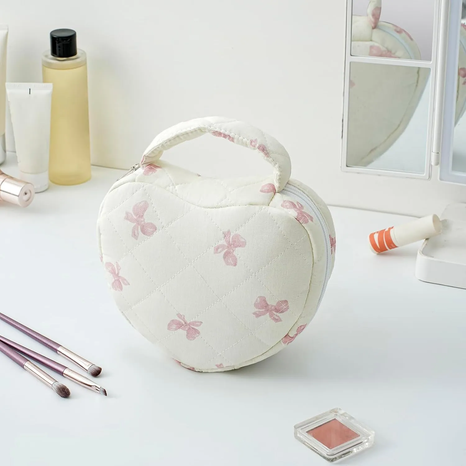 Heart Shaped Floral Cosmetic Bag Cotton Makeup Bag for Women, Travel Quilted Zipper Make Up Bag with Handle, Flowers Toiletry Organizer Case Makeup Cosmetic Travel Cloth Pouch (Pink Bow Tie)