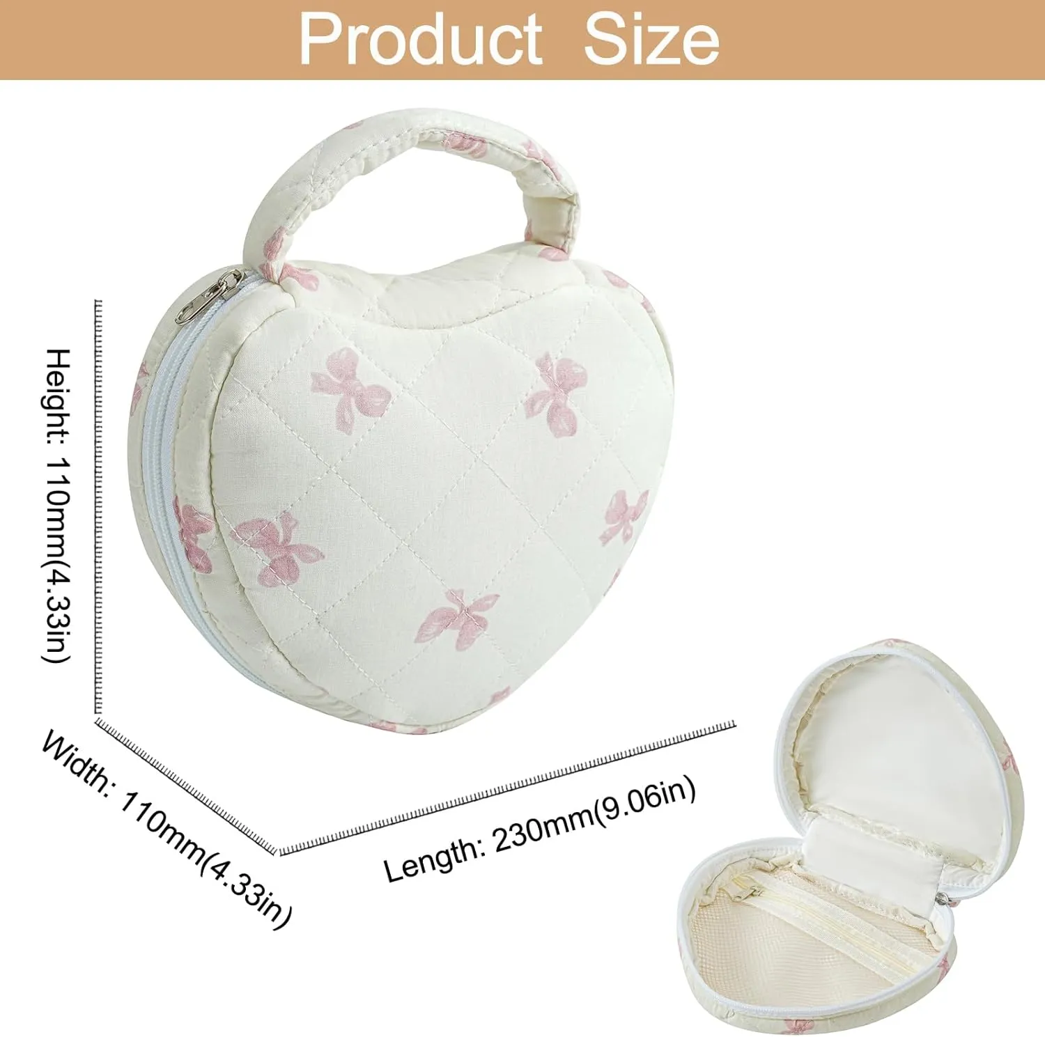 Heart Shaped Floral Cosmetic Bag Cotton Makeup Bag for Women, Travel Quilted Zipper Make Up Bag with Handle, Flowers Toiletry Organizer Case Makeup Cosmetic Travel Cloth Pouch (Pink Bow Tie)
