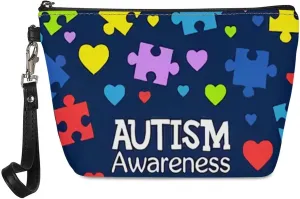 Howilath Autism Awareness Love Print Blue Clutch Make Up Bags with Zipper Wrist Strap Travel Toiletry Cosmetic Pouch Bags