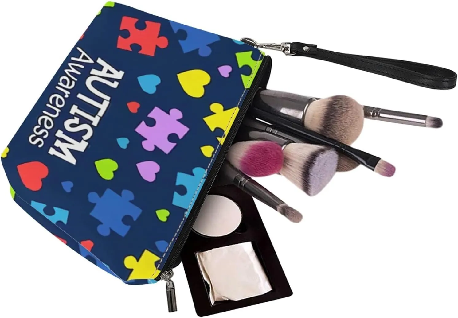 Howilath Autism Awareness Love Print Blue Clutch Make Up Bags with Zipper Wrist Strap Travel Toiletry Cosmetic Pouch Bags