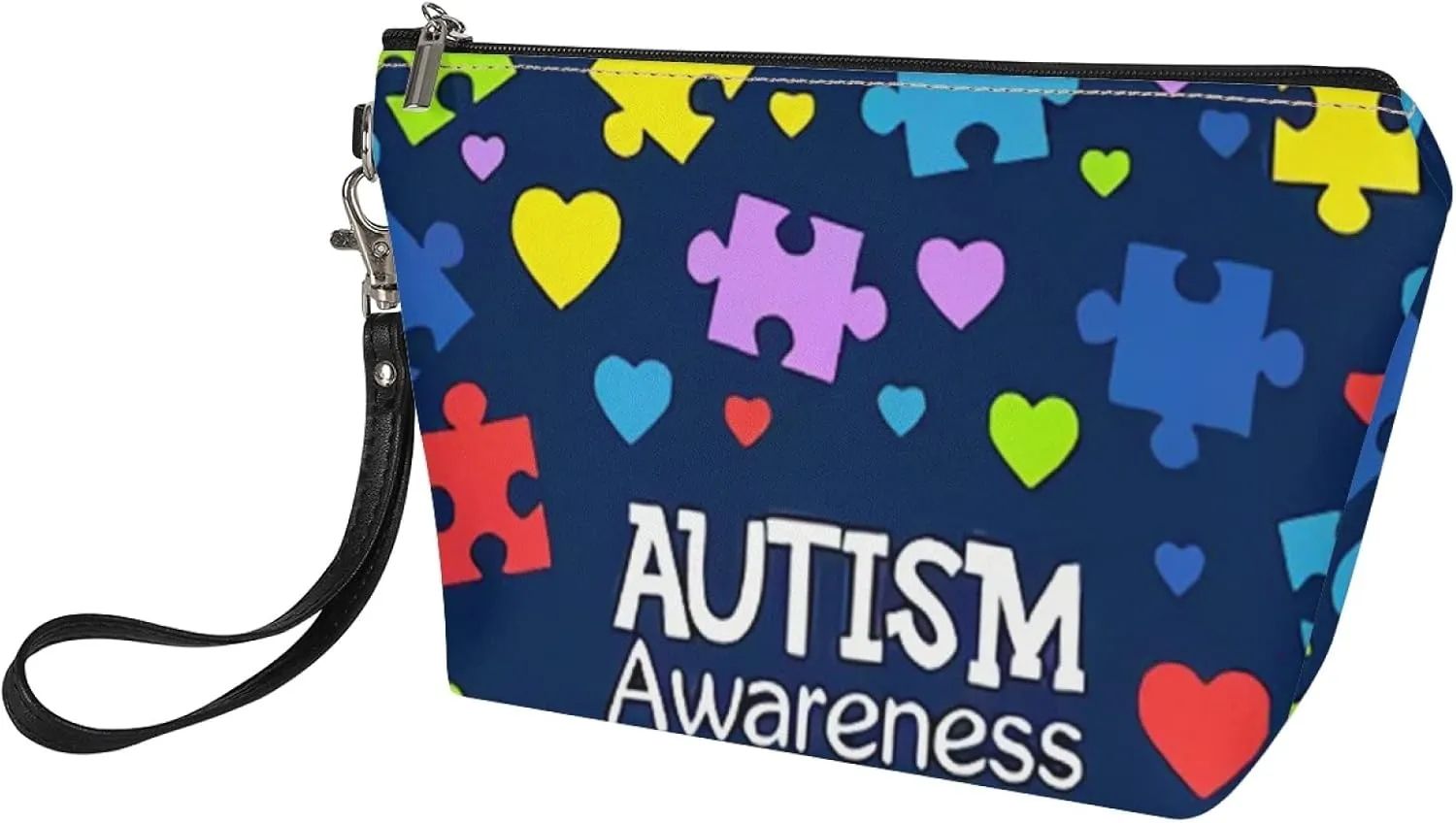 Howilath Autism Awareness Love Print Blue Clutch Make Up Bags with Zipper Wrist Strap Travel Toiletry Cosmetic Pouch Bags