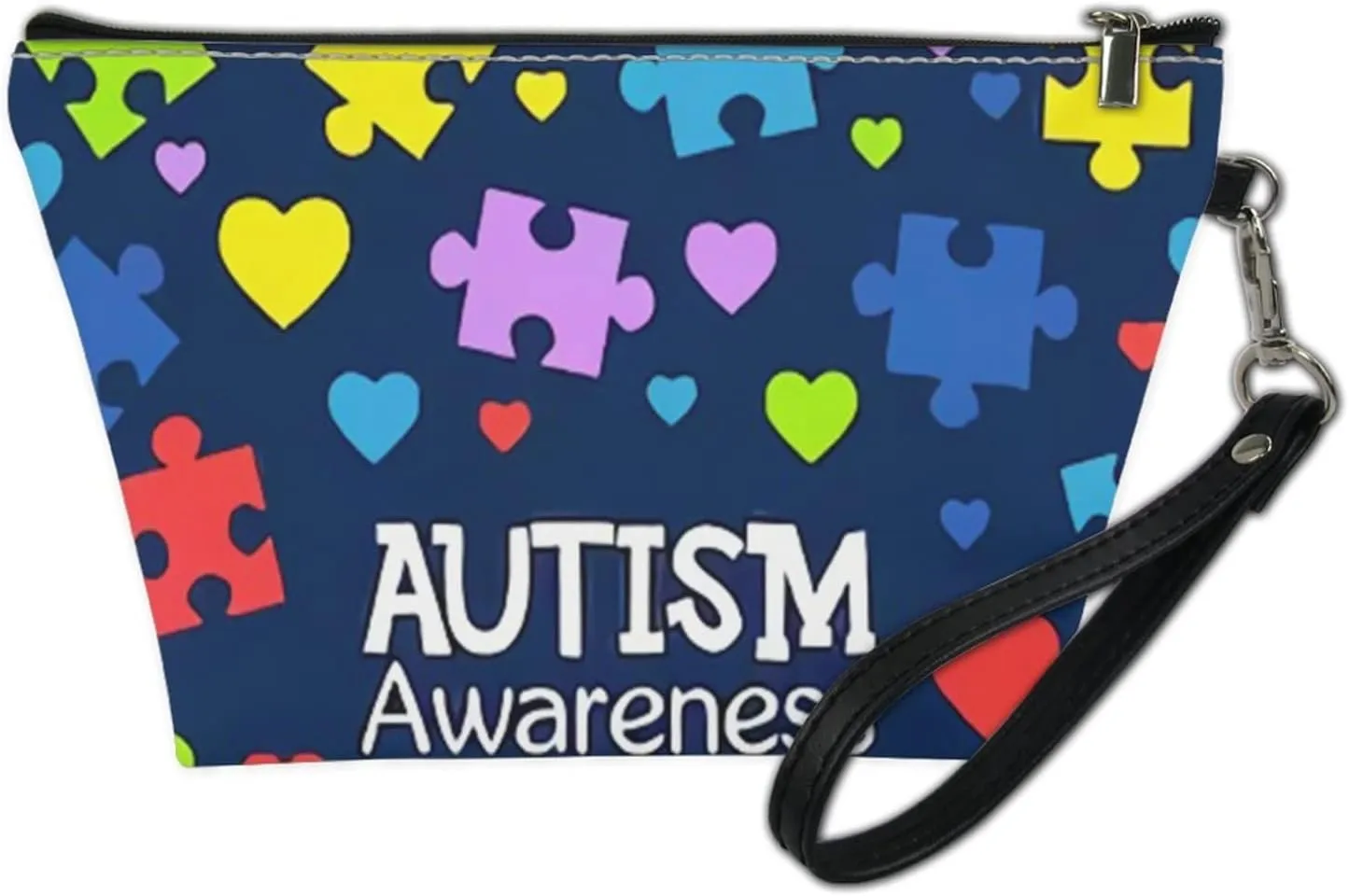 Howilath Autism Awareness Love Print Blue Clutch Make Up Bags with Zipper Wrist Strap Travel Toiletry Cosmetic Pouch Bags