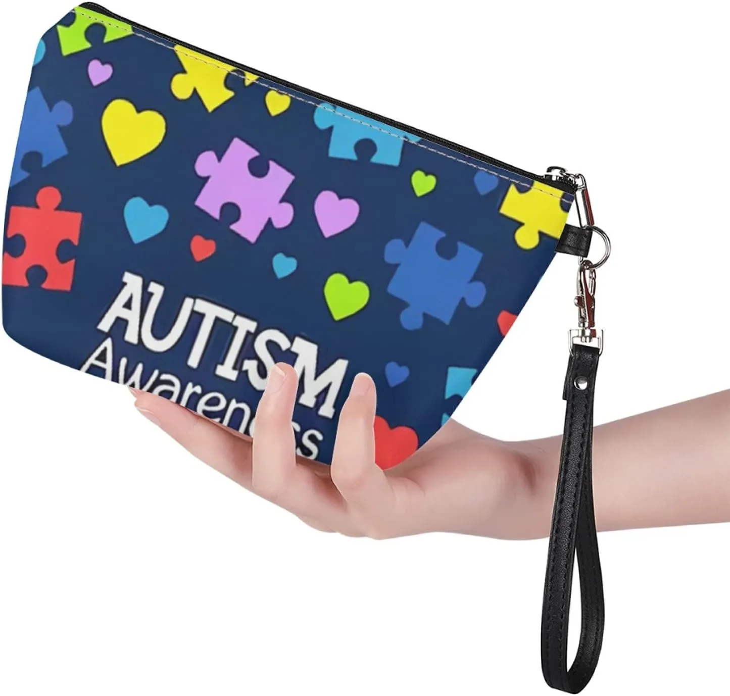 Howilath Autism Awareness Love Print Blue Clutch Make Up Bags with Zipper Wrist Strap Travel Toiletry Cosmetic Pouch Bags