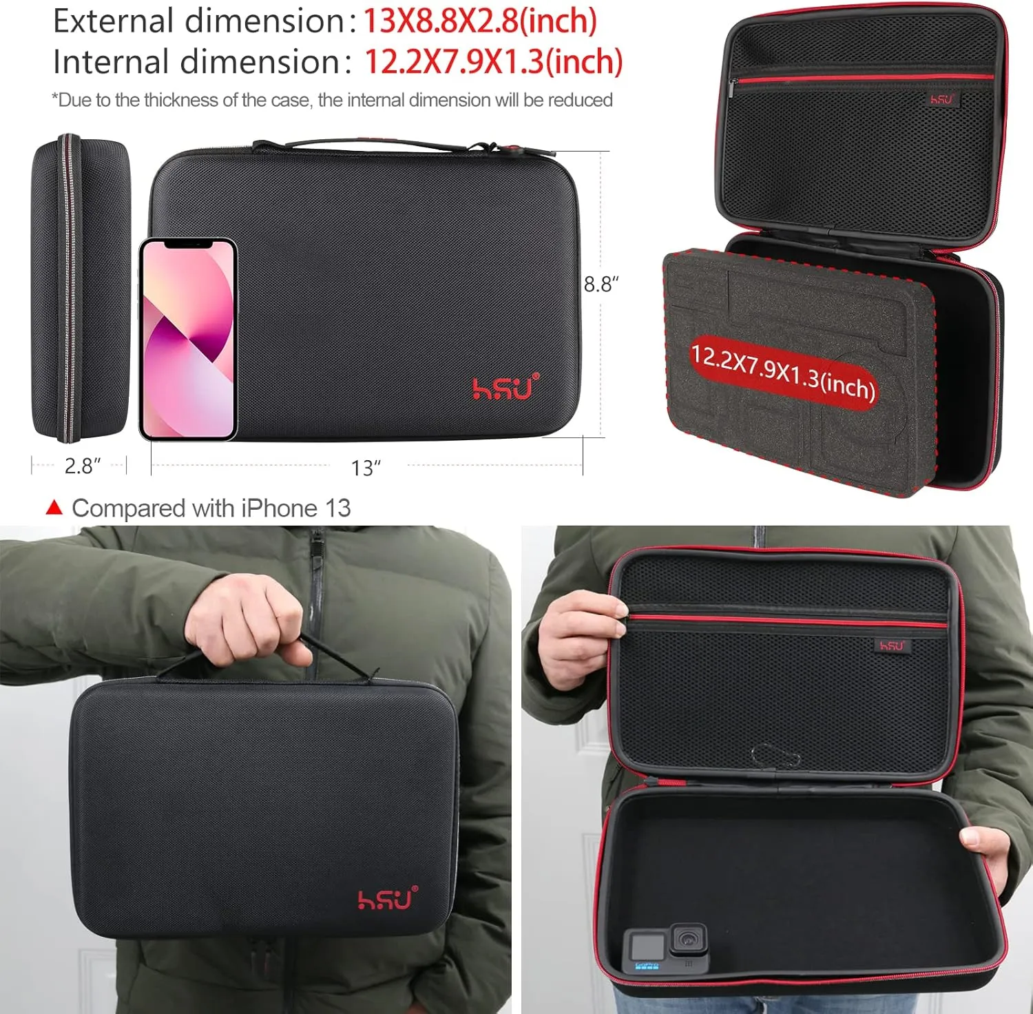 HSU Carrying Case for GoPro Hero 13, 12, 11, 10, 9, 8, 7, 6, 5 Black, AKASO Campark and Accessories, GoPro Travel Case with Fully Customizable Interior, Action Camera Storage BagLarge