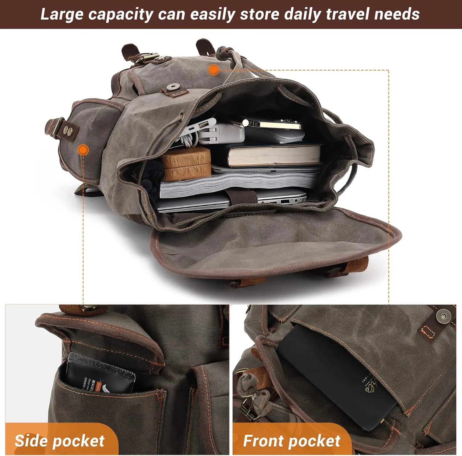 HuaChen Vintage Wax-Coated Canvas & Leather Backpack: Spacious Durable Rucksack for Men & Women, Perfect for Travel, Hiking, and College Life (M86_Khaki with Dark Brown)