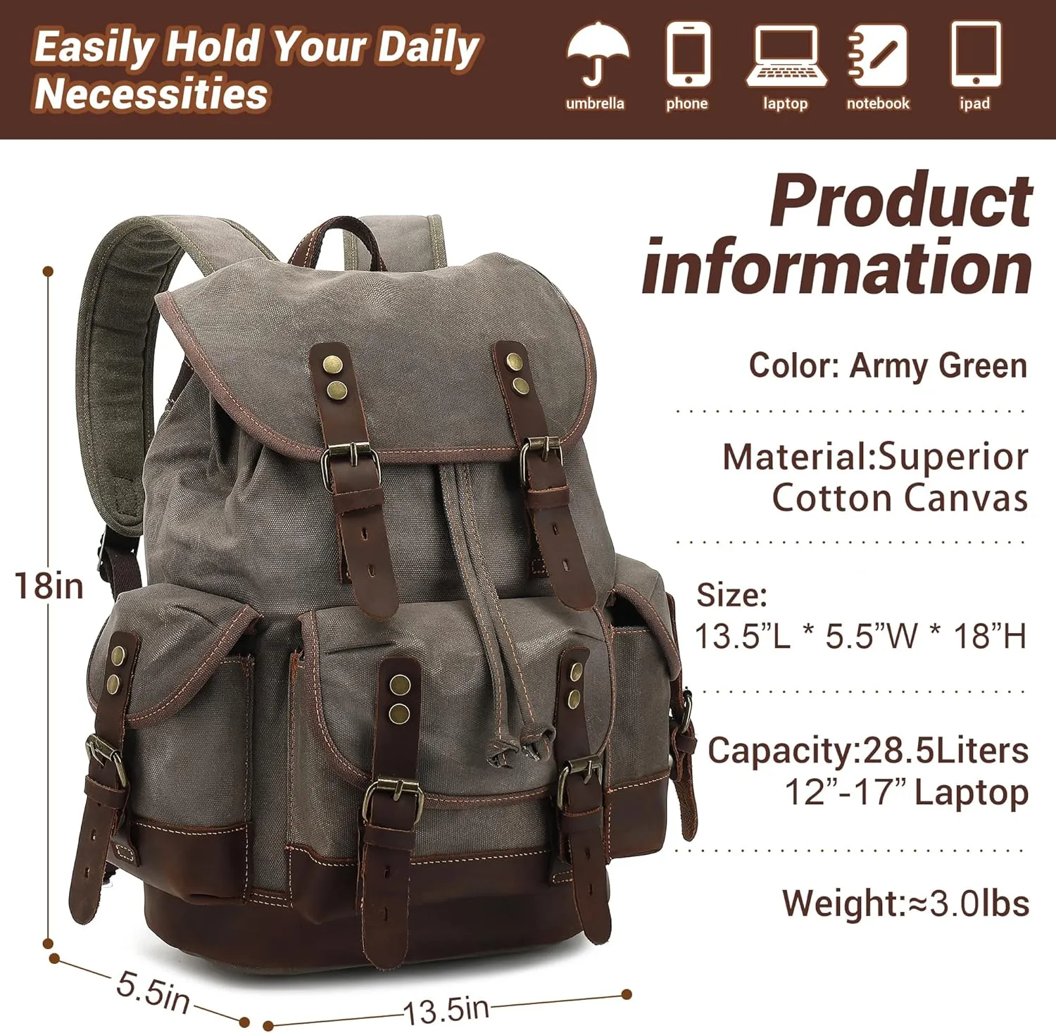 HuaChen Vintage Wax-Coated Canvas & Leather Backpack: Spacious Durable Rucksack for Men & Women, Perfect for Travel, Hiking, and College Life (M86_Khaki with Dark Brown)