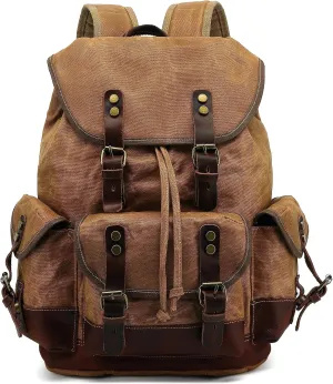 HuaChen Vintage Wax-Coated Canvas & Leather Backpack: Spacious Durable Rucksack for Men & Women, Perfect for Travel, Hiking, and College Life (M86_Khaki with Dark Brown)