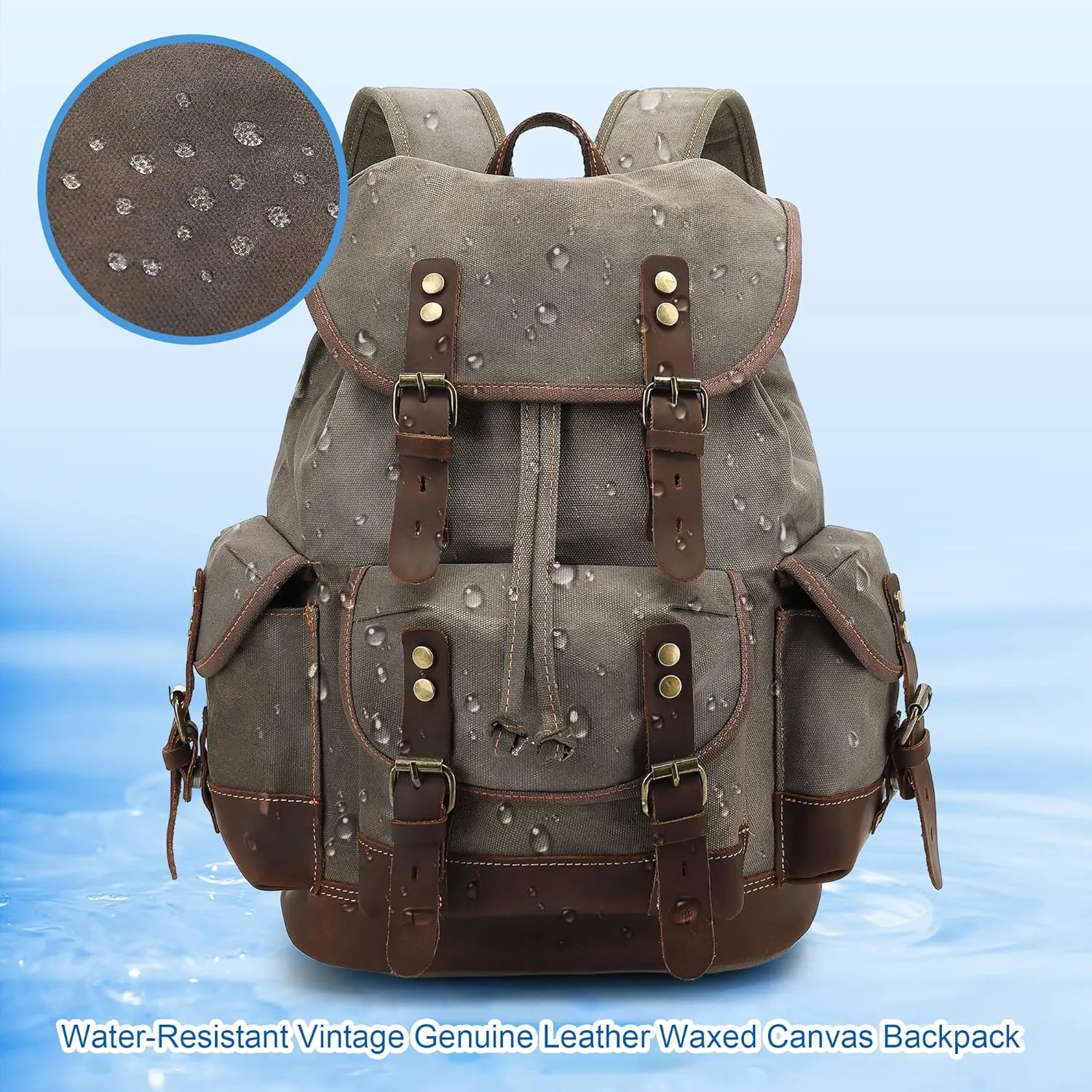 HuaChen Vintage Wax-Coated Canvas & Leather Backpack: Spacious Durable Rucksack for Men & Women, Perfect for Travel, Hiking, and College Life (M86_Khaki with Dark Brown)