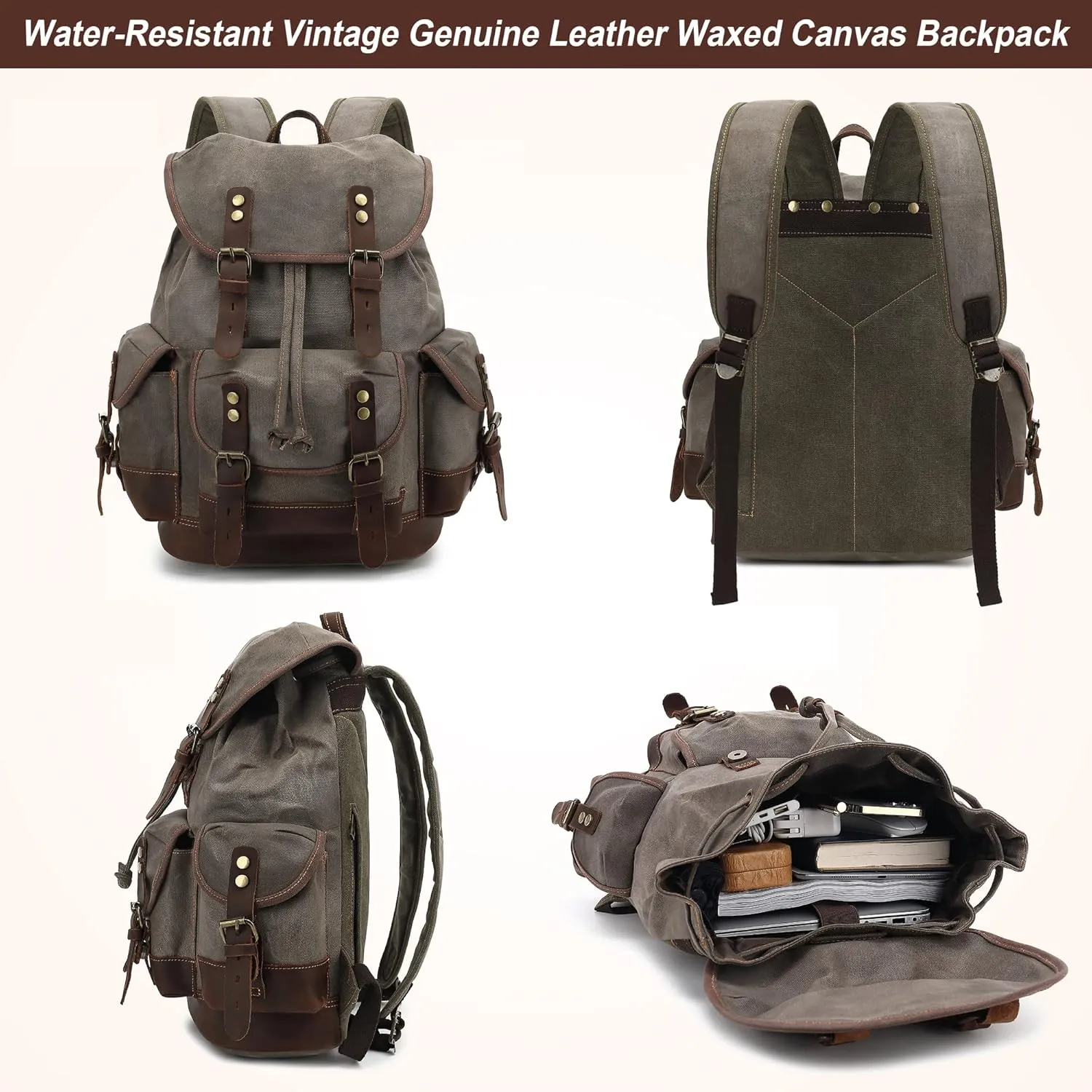 HuaChen Vintage Wax-Coated Canvas & Leather Backpack: Spacious Durable Rucksack for Men & Women, Perfect for Travel, Hiking, and College Life (M86_Khaki with Dark Brown)