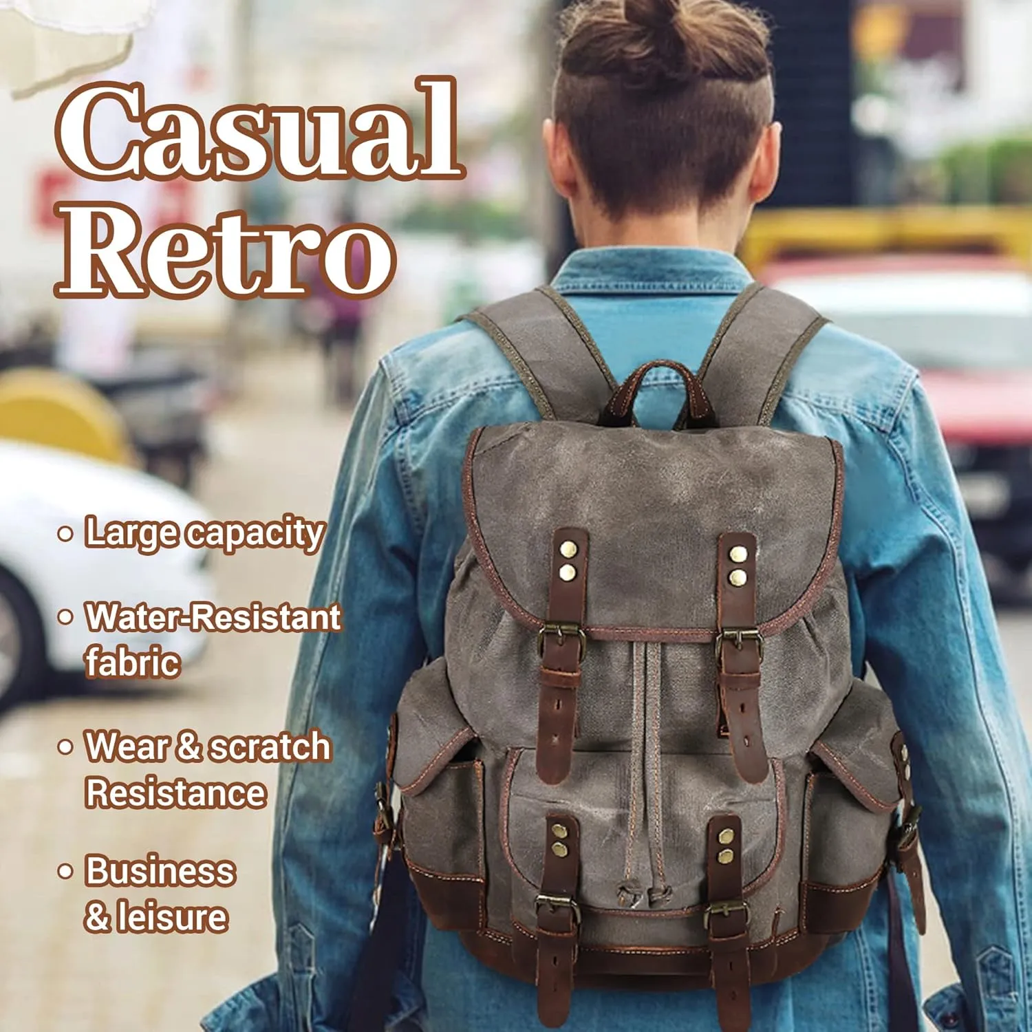 HuaChen Vintage Wax-Coated Canvas & Leather Backpack: Spacious Durable Rucksack for Men & Women, Perfect for Travel, Hiking, and College Life (M86_Khaki with Dark Brown)
