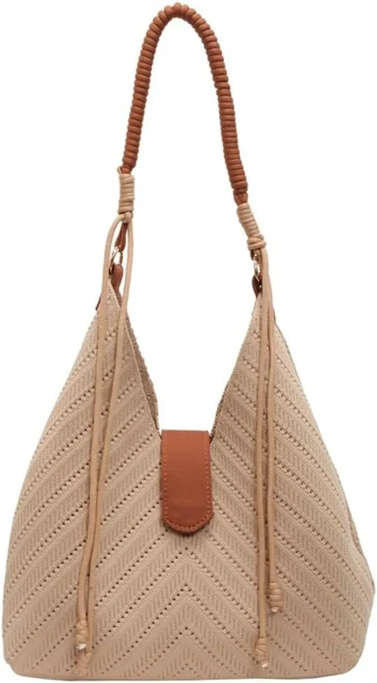 Hycurey Light-Weight Woven Tote Bag for Women Casual Bucket Bags with Large Capacity PU Shoulder Bags with Magnetic Button