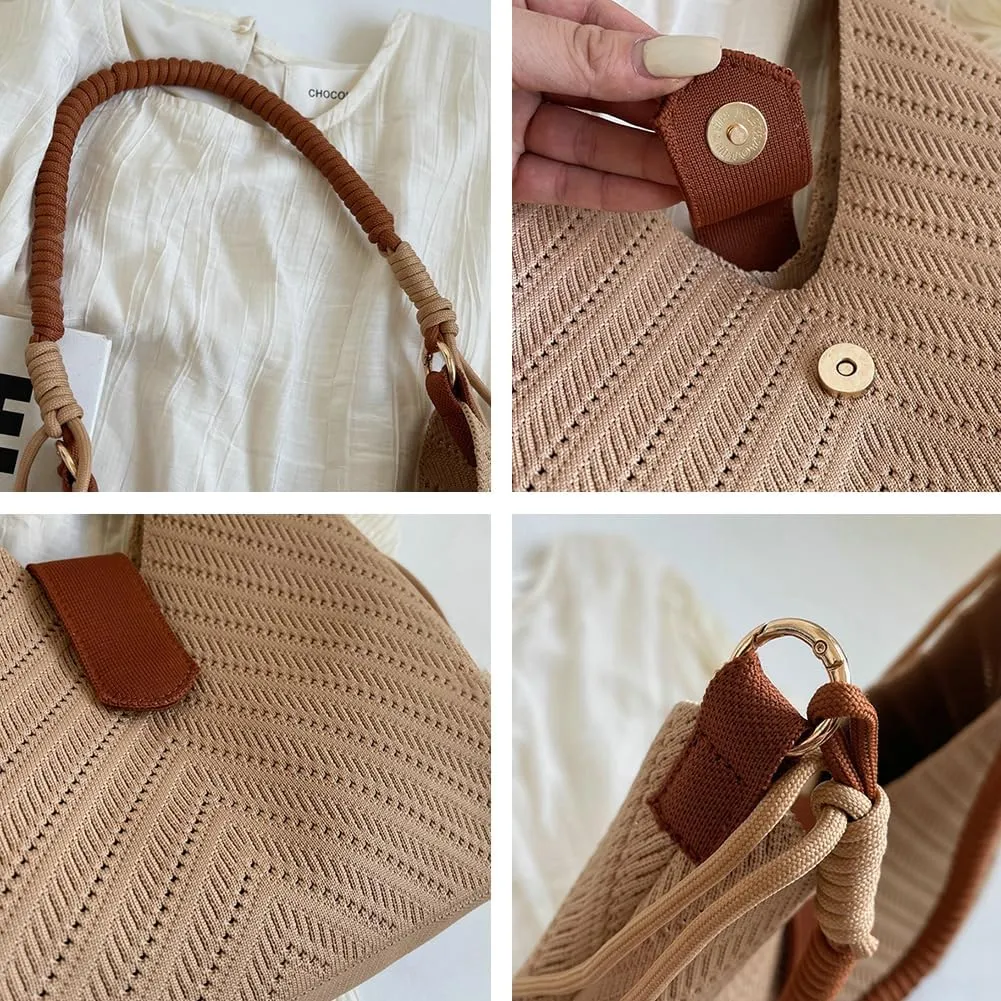 Hycurey Light-Weight Woven Tote Bag for Women Casual Bucket Bags with Large Capacity PU Shoulder Bags with Magnetic Button