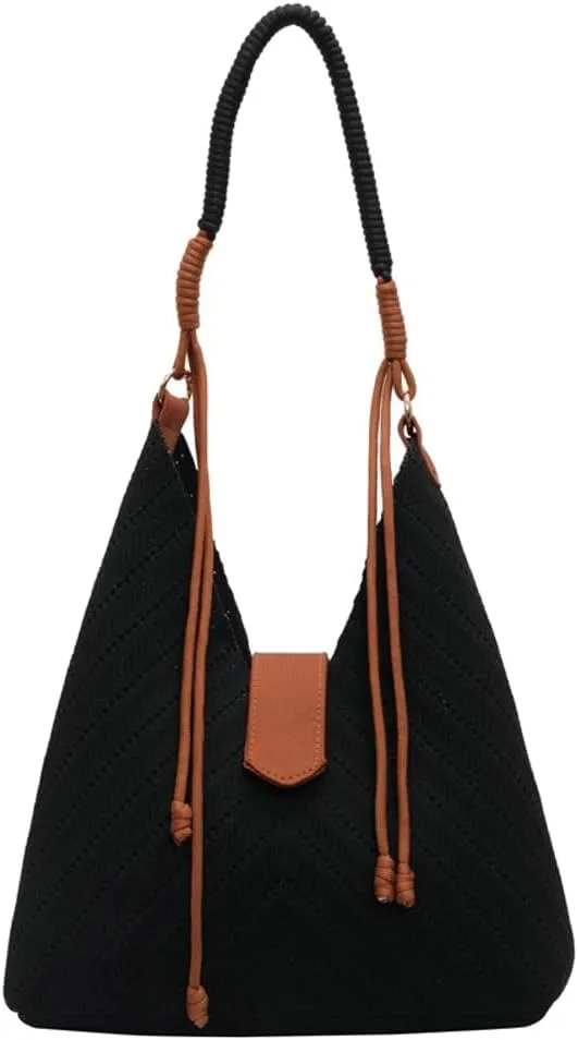 Hycurey Light-Weight Woven Tote Bag for Women Casual Bucket Bags with Large Capacity PU Shoulder Bags with Magnetic Button