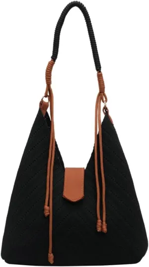 Hycurey Light-Weight Woven Tote Bag for Women Casual Bucket Bags with Large Capacity PU Shoulder Bags with Magnetic Button
