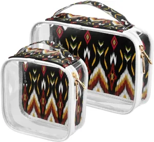 Ikat Paisley Brown 2 Pieces Clear Makeup Cosmetic Bags for Traveling Vacation Organizing, Toiletry Bags for Women Men, PVC Waterproof Travel Organizer
