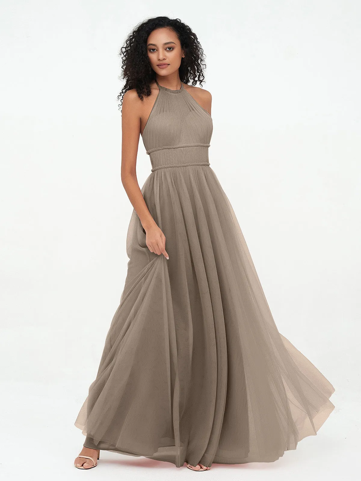 Illusion Halter Tulle Maxi Boho Dresses-Taupe Plus Size