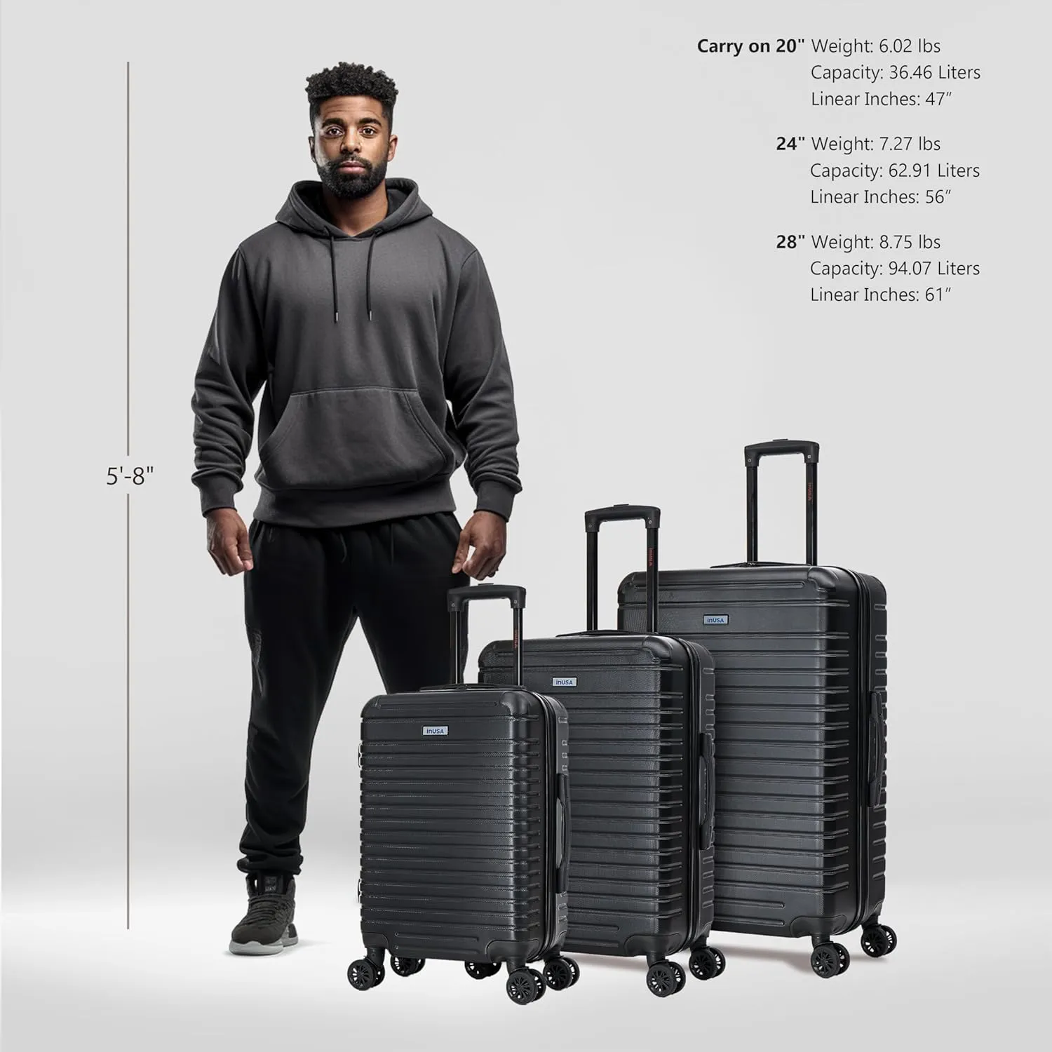 InUSA DEEP Luggage Set with Dual Spinner Wheels and Studs | Spacious Travel Suitcases with Ergonomic Handles | (20/24/28) 3 Piece Hardside Luggage Set | Black